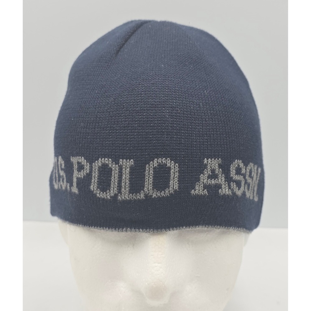 U.S. Polo Assn Beanie Mens OSFM Navy Grey Reversible Knit Skull Cap Hat